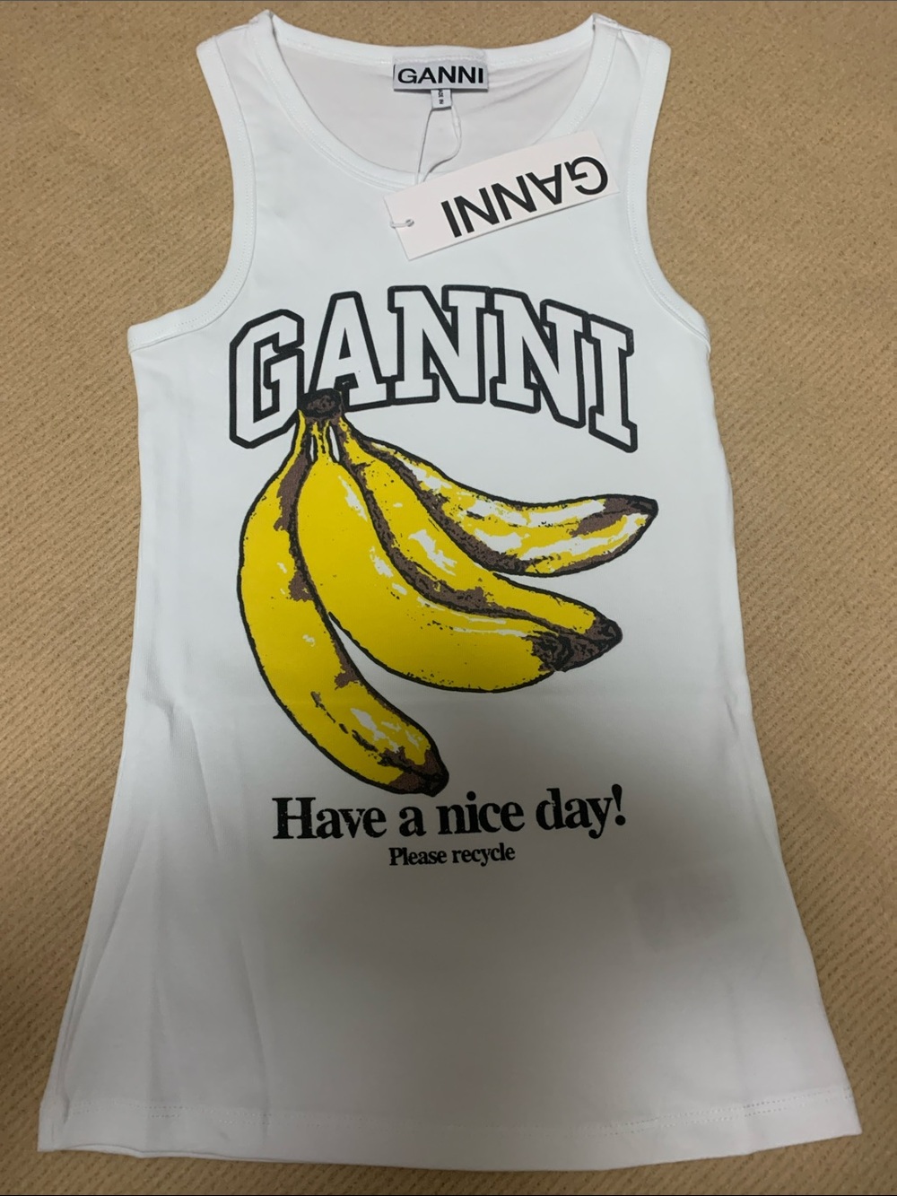 Ganni White Tank Top with Yellow Banana Graphic Have A nice Day
